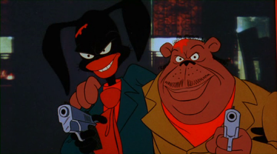 Brother Rabbit and Brother Bear pointing guns and smiling... MENACINGLY!
